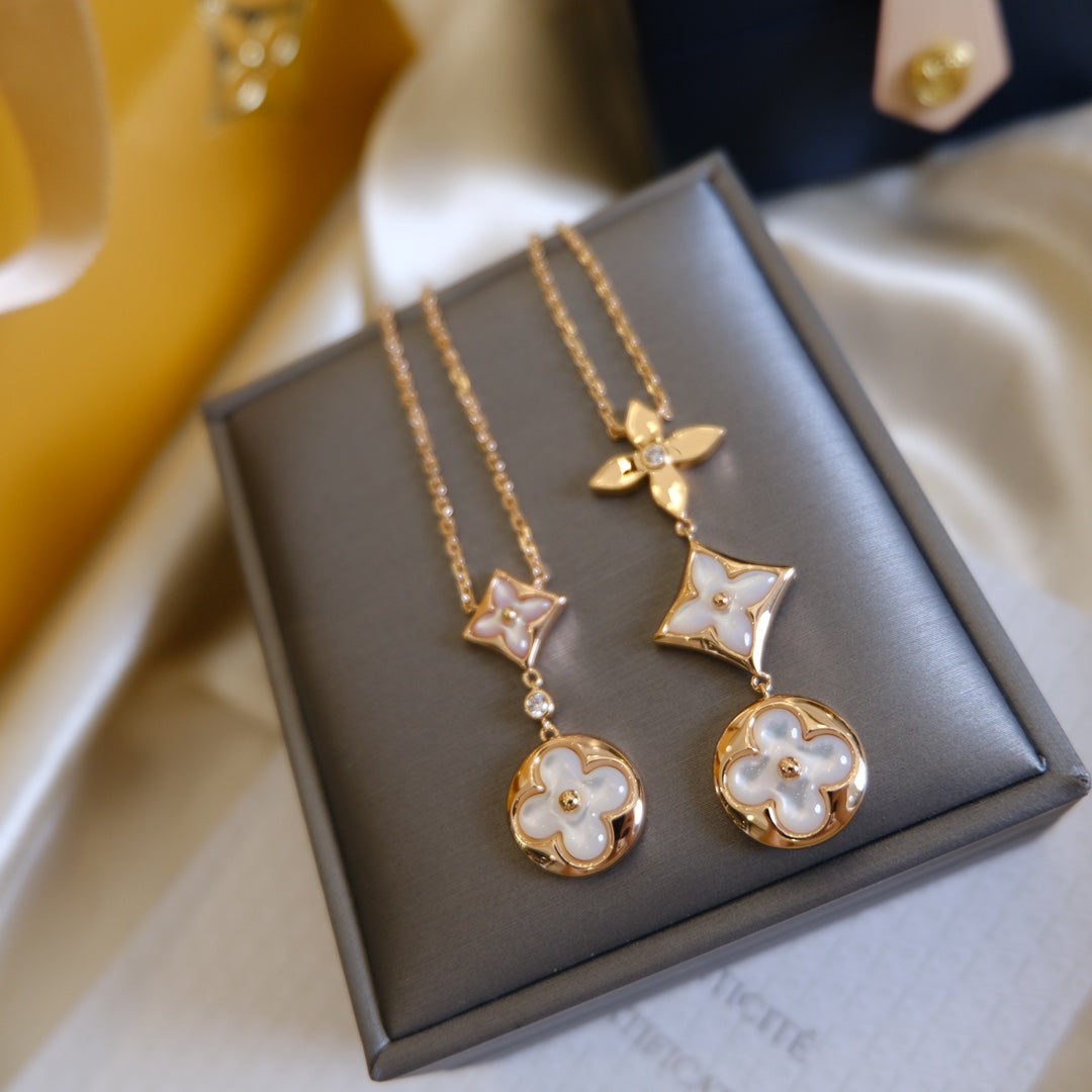 [Ornora Jewelry]COLOR BLOSSOM LARIAT NECKLACE PINK GOLD WHITE MOTHER PEARL AND DIAMOND