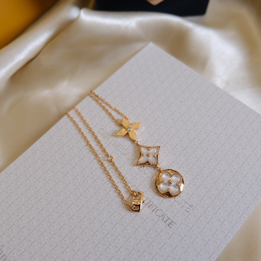 [Ornora Jewelry]COLOR BLOSSOM LARIAT NECKLACE PINK GOLD WHITE MOTHER PEARL AND DIAMOND
