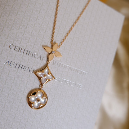 [Ornora Jewelry]COLOR BLOSSOM LARIAT NECKLACE PINK GOLD WHITE MOTHER PEARL AND DIAMOND