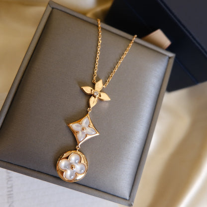 [Ornora Jewelry]COLOR BLOSSOM LARIAT NECKLACE PINK GOLD WHITE MOTHER PEARL AND DIAMOND