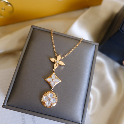 [Ornora Jewelry]COLOR BLOSSOM LARIAT NECKLACE PINK GOLD WHITE MOTHER PEARL AND DIAMOND