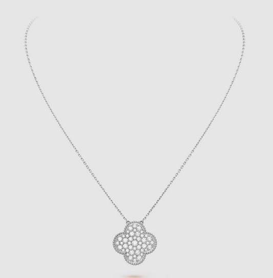 [Ornora Jewelry]CLOVER 25MM LARGE PENDANT DIAMOND PAVED SILVER NECKLACE