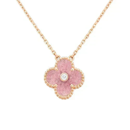 [Ornora Jewelry]CLOVER 15MM DIAMOND RHODONITE NECKLACE