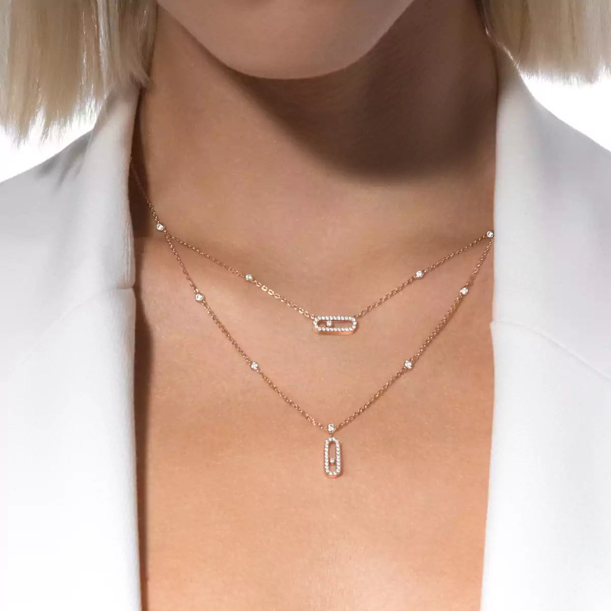 [Ornora Jewelry]2 Rows Rose Gold Diamond Pave_ Necklace Move Uno