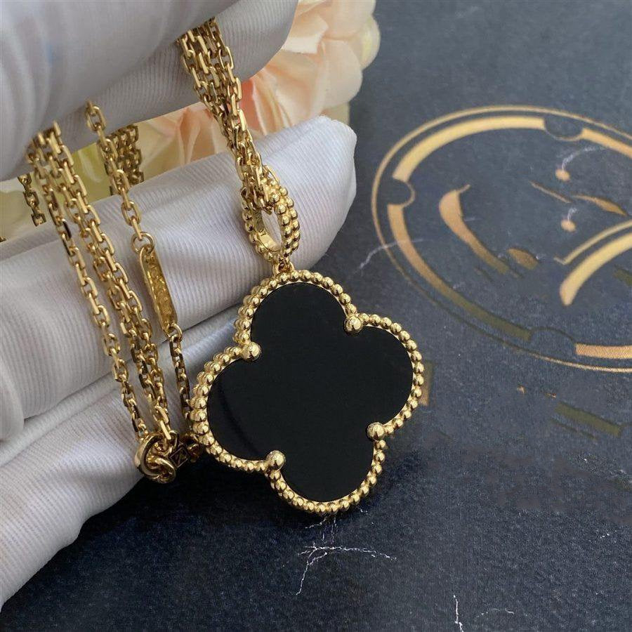 [Ornora Jewelry]CLOVER 25MM GOLD ONYX BIG CLOVER NECKLACE