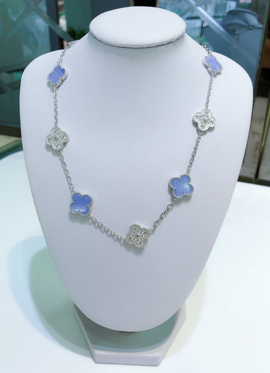 [Ornora Jewelry]CLOVER 10 MOTIFS CHALCEDONY DIAMONDS SILVER NECKLACE