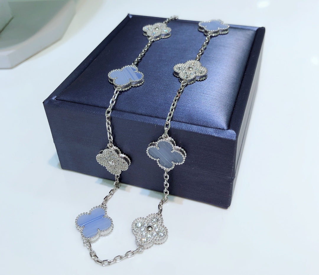[Ornora Jewelry]CLOVER 10 MOTIFS CHALCEDONY DIAMONDS SILVER NECKLACE