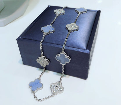 [Ornora Jewelry]CLOVER 10 MOTIFS CHALCEDONY DIAMONDS SILVER NECKLACE