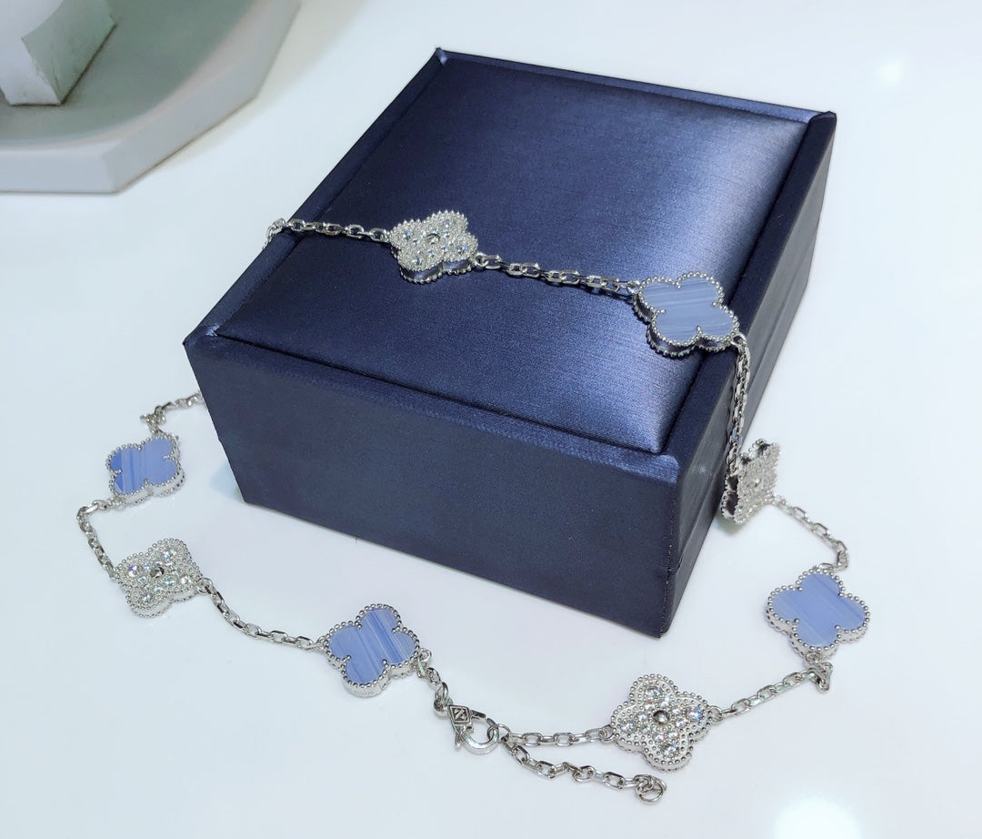 [Ornora Jewelry]CLOVER 10 MOTIFS CHALCEDONY DIAMONDS SILVER NECKLACE