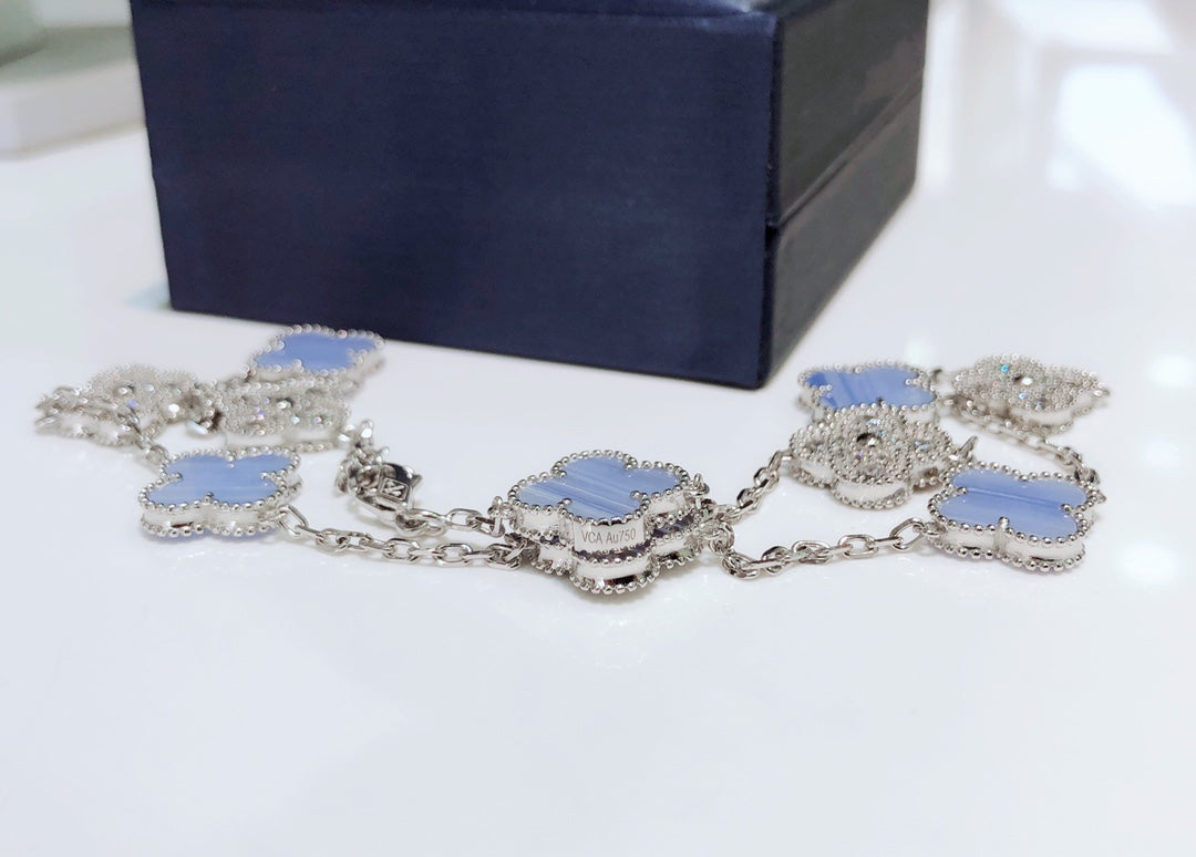 [Ornora Jewelry]CLOVER 10 MOTIFS CHALCEDONY DIAMONDS SILVER NECKLACE