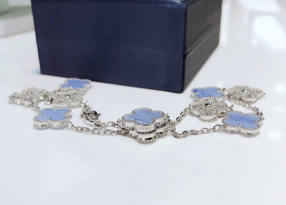 [Ornora Jewelry]CLOVER 10 MOTIFS CHALCEDONY DIAMONDS SILVER NECKLACE