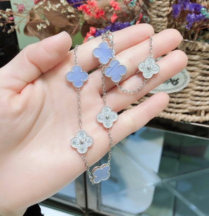 [Ornora Jewelry]CLOVER 10 MOTIFS CHALCEDONY DIAMONDS SILVER NECKLACE
