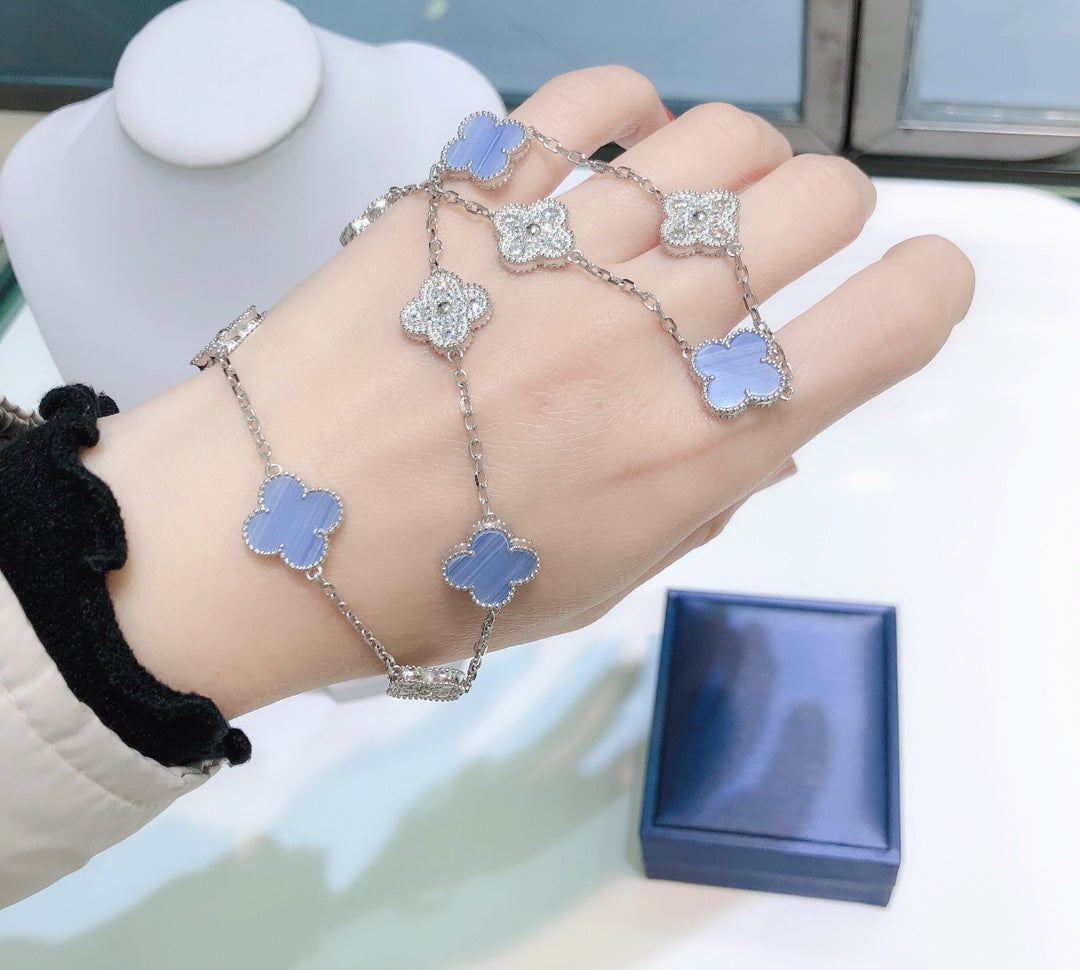 [Ornora Jewelry]CLOVER 10 MOTIFS CHALCEDONY DIAMONDS SILVER NECKLACE