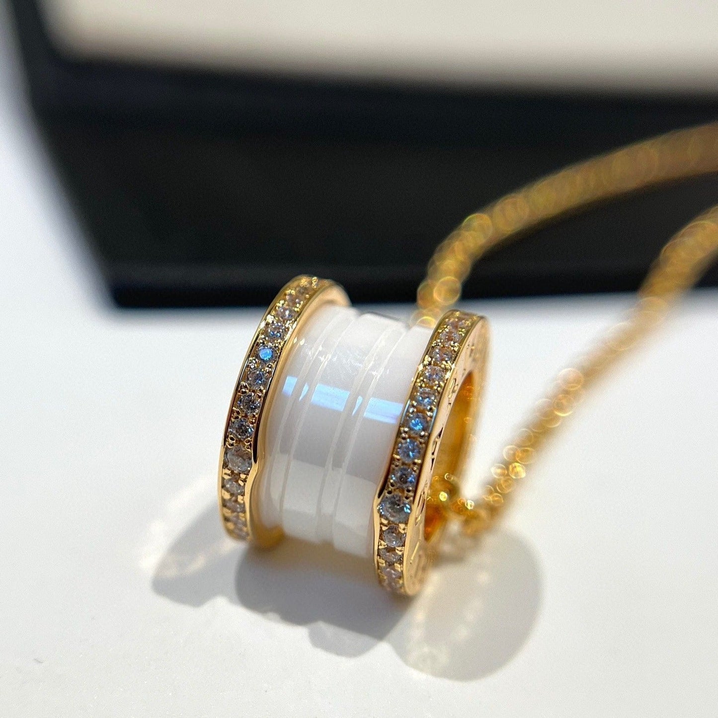 [Ornora Jewelry]ZERO 1 WHITE CERAMIC DIAMOND PINK GOLD NECKLACE